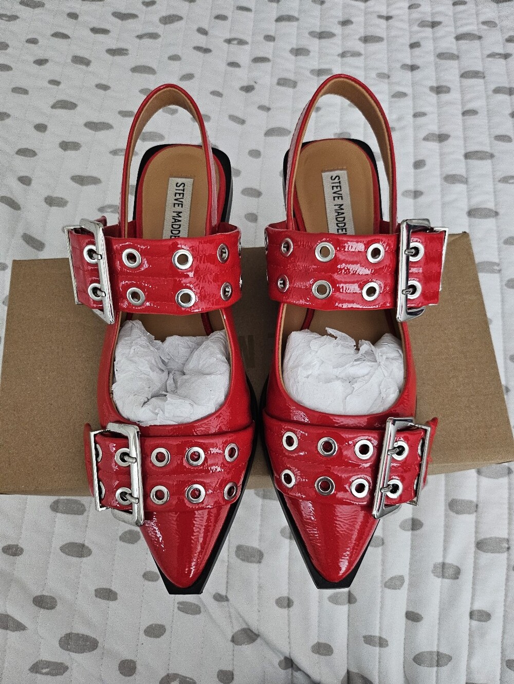 Steve Madden Graya Red Patent Pointed Leather Slingback Flats with Buckle Detail